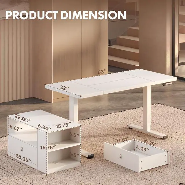 Alt view image 4 of 7 - L Shaped Executive Standing Desk with Drawers, Large Electric Height Adjustable Desk, Sit Stand Desk for Home Office and Workstation, Mobile Cabinet (63"x32" White)