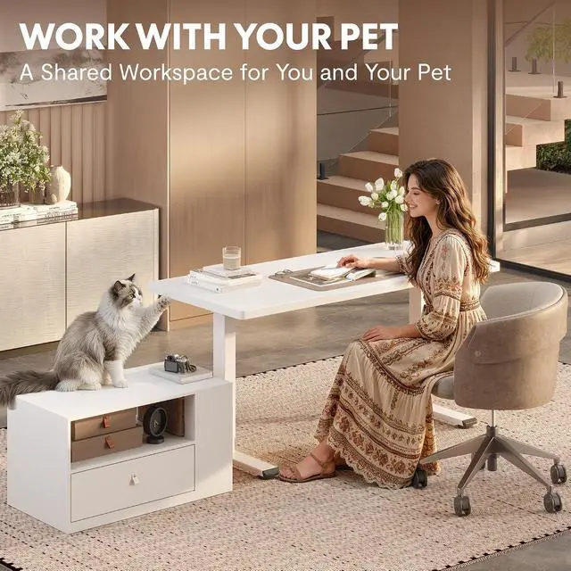 Alt view image 5 of 7 - L Shaped Executive Standing Desk with Drawers, Large Electric Height Adjustable Desk, Sit Stand Desk for Home Office and Workstation, Mobile Cabinet (63"x32" White)