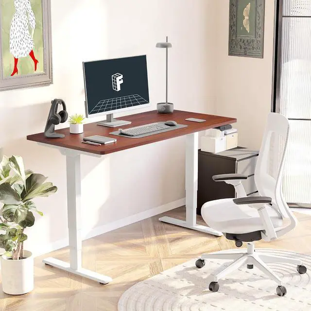 Alt view image 2 of 7 - E6 3-Stage Dual Motor Electric Standing Desk 48 x 30 Sit Stand Up Desk, Holds 220 lbs, Adjustable Height w/Memory Presets, One-Piece Mahogany Desktop & White Frame, Ships in 2 Boxes