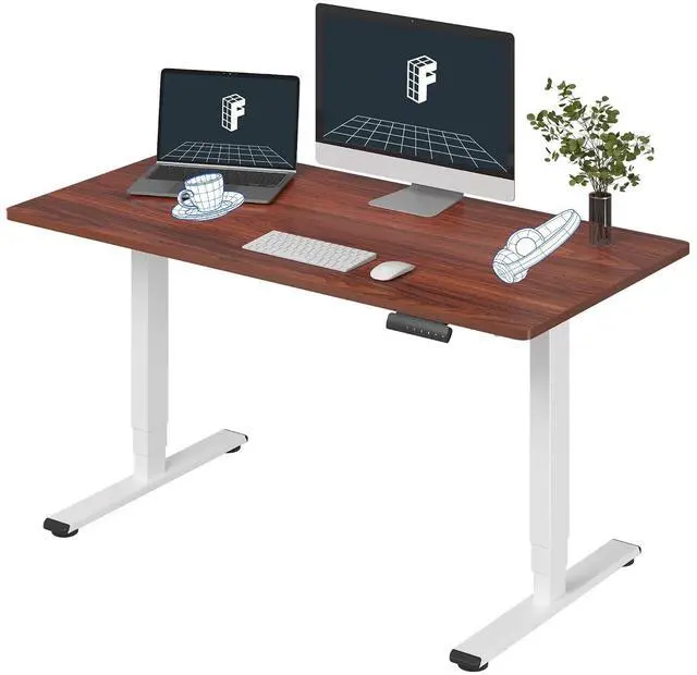 Main image of E6 3-Stage Dual Motor Electric Standing Desk 55 x 28 Sit Stand Up Desk, Holds 220 lbs, Adjustable Height w/Memory Presets, One-Piece Mahogany Desktop & White Frame, Ships in 2 Boxes