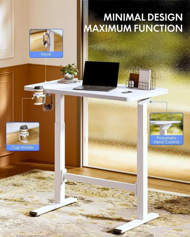 Alt view image 5 of 7 - H7 Plus Gas Spring Adjustable Standing Desk, Mobile Rolling Sit-Stand Workstation with Whee, Cordless Stand Up Desk for Small Room & Home Office, 40" One-Piece Desktop White,height 27.6"45"
