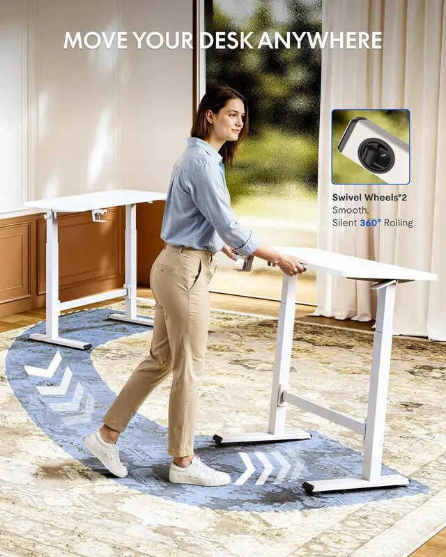 Alt view image 7 of 7 - H7 Plus Gas Spring Adjustable Standing Desk, Mobile Rolling Sit-Stand Workstation with Whee, Cordless Stand Up Desk for Small Room & Home Office, 40" One-Piece Desktop White,height 27.6"45"