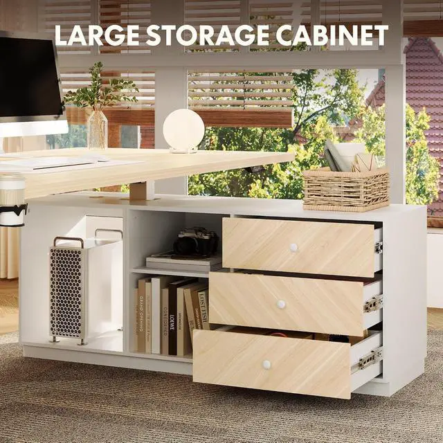 Alt view image 3 of 7 - L Shaped Standing Desk with Drawers, Large Electric Height Adjustable Executive Desk, Sit Stand Desk for Home Office and Workstation, PC Cabinet (63"x32" White Wood Grain)