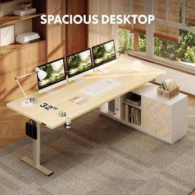 Alt view image 4 of 7 - L Shaped Standing Desk with Drawers, Large Electric Height Adjustable Executive Desk, Sit Stand Desk for Home Office and Workstation, PC Cabinet (63"x32" White Wood Grain)