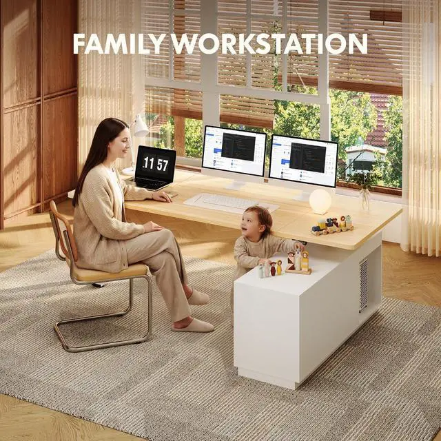 Alt view image 5 of 7 - L Shaped Standing Desk with Drawers, Large Electric Height Adjustable Executive Desk, Sit Stand Desk for Home Office and Workstation, PC Cabinet (63"x32" White Wood Grain)