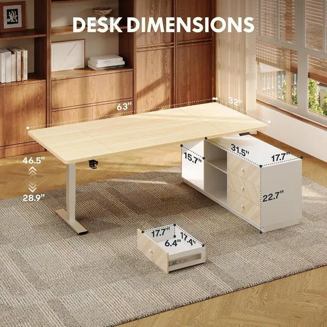 Alt view image 2 of 7 - L Shaped Standing Desk with Drawers, Large Electric Height Adjustable Executive Desk, Sit Stand Desk for Home Office and Workstation, PC Cabinet (63"x32" White Wood Grain)