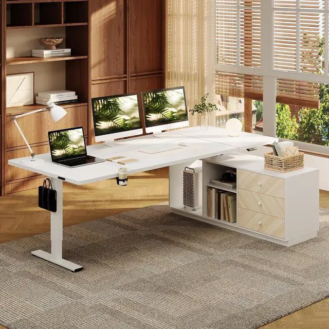 Main image of L Shaped Standing Desk with Drawers, Large Electric Height Adjustable Executive Desk, Sit Stand Desk for Home Office and Workstation, PC Cabinet (71"x32" White)