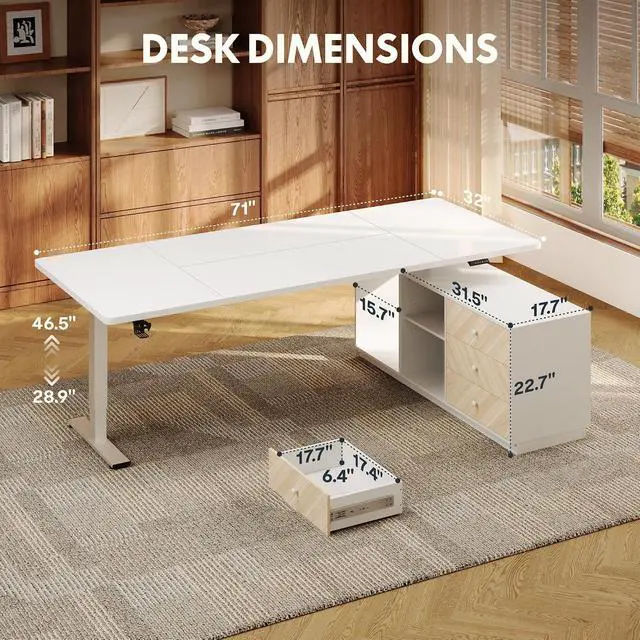 Alt view image 2 of 7 - L Shaped Standing Desk with Drawers, Large Electric Height Adjustable Executive Desk, Sit Stand Desk for Home Office and Workstation, PC Cabinet (71"x32" White)