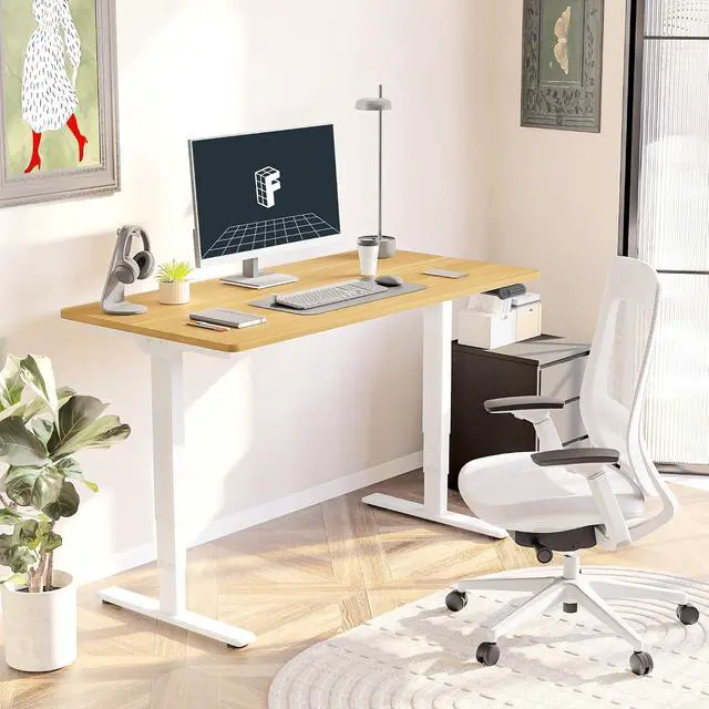 Alt view image 2 of 7 - E6 3-Stage Dual Motor Electric Standing Desk 55 x 28 Sit Stand Up Desk, Holds 220 lbs, Adjustable Height w/Memory Presets, One-Piece Maple Desktop & White Frame, Ships in 2 Boxes