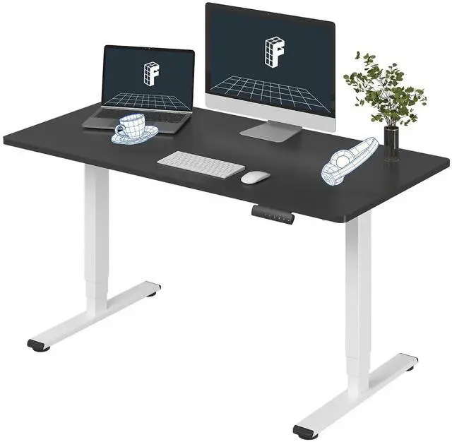 Main image of E6 3-Stage Dual Motor Electric Standing Desk 55 x 28 Sit Stand Up Desk, Holds 220 lbs, Adjustable Height w/Memory Presets, One-Piece Black Desktop & White Frame, Ships in 2 Boxes