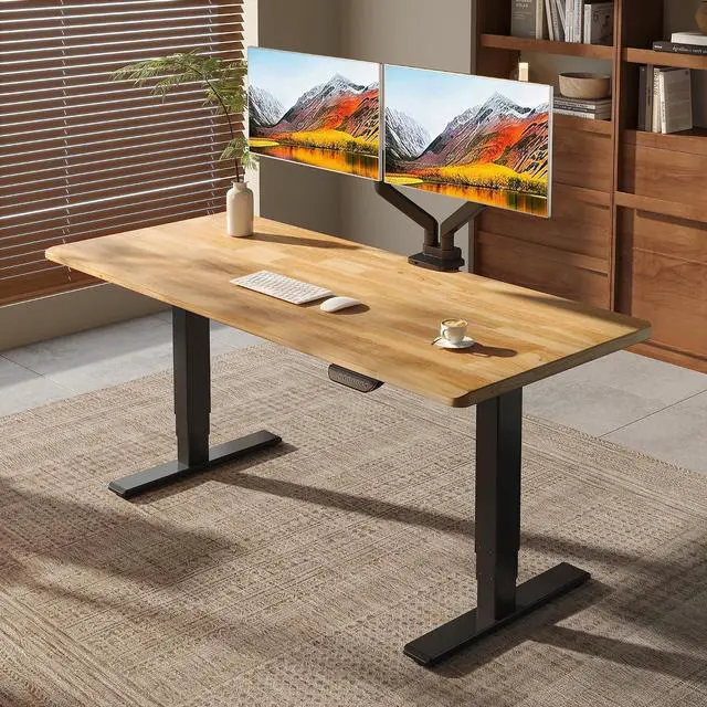 Main image of E6 MAX 1" Thick Beveled-Edge Solid Wood Standing Desk, 63"x30" Dual Motor 3-Stage Heavy Duty Workstation, 330lbs Weight Capacity Height Adjustable Desk (Light Oak Rubberwood + Black Frame)