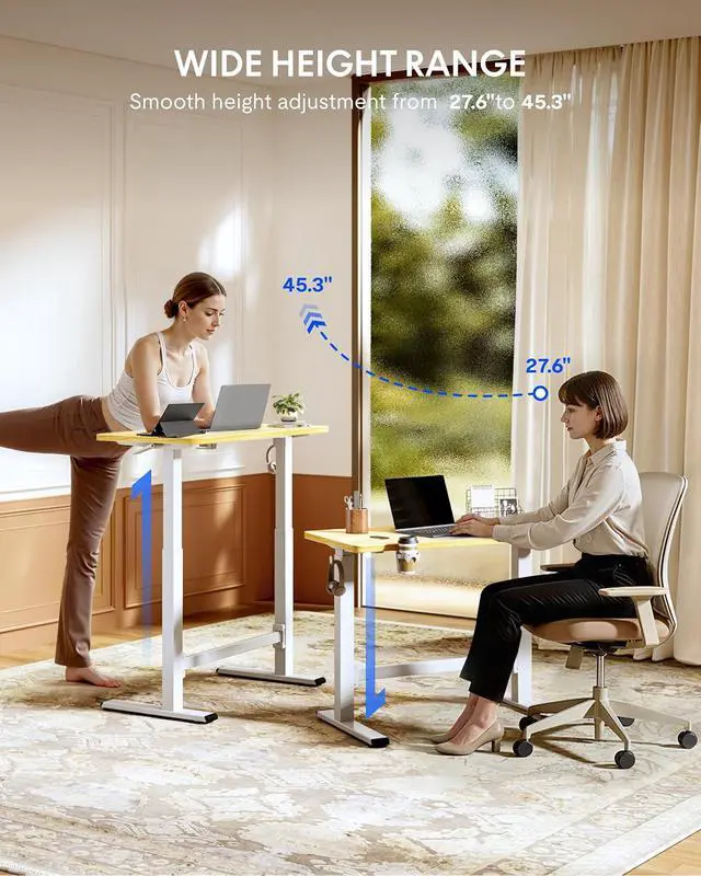 Alt view image 4 of 7 - H7 Plus Gas Spring Adjustable Standing Desk, Mobile Rolling Sit-Stand Table with Wheels, Cordless Stand Up Desk for Small Spaces & Home Office, 48" One-Piece Desktop Maple,Height 27.6"45"
