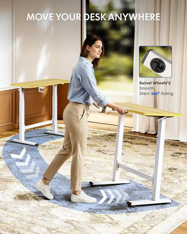 Alt view image 7 of 7 - H7 Plus Gas Spring Adjustable Standing Desk, Mobile Rolling Sit-Stand Table with Wheels, Cordless Stand Up Desk for Small Spaces & Home Office, 48" One-Piece Desktop Maple,Height 27.6"45"