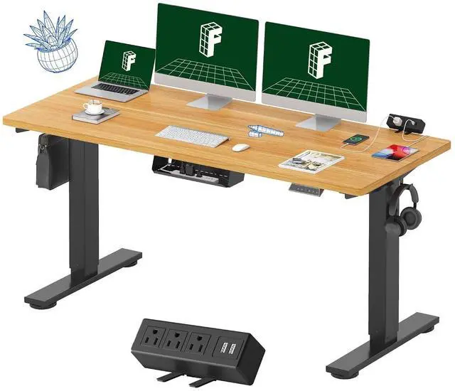 Main image of EN2Whole-Piece Standing Desk with Clamp Power Strip, 60 x 24 Electric Stand Up Height Adjustable Desk with Cable Management (Black Frame +60" Maple Top, 2 Packages)