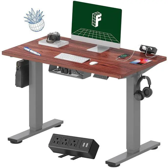 Main image of EN2 Whole-Piece Standing Desk with Clamp Power Strip, 40 x 24'' Electric Stand Up Height Adjustable Desk with Cable Management (Gray Frame + 40" Mahogany Top, 2 Packages)