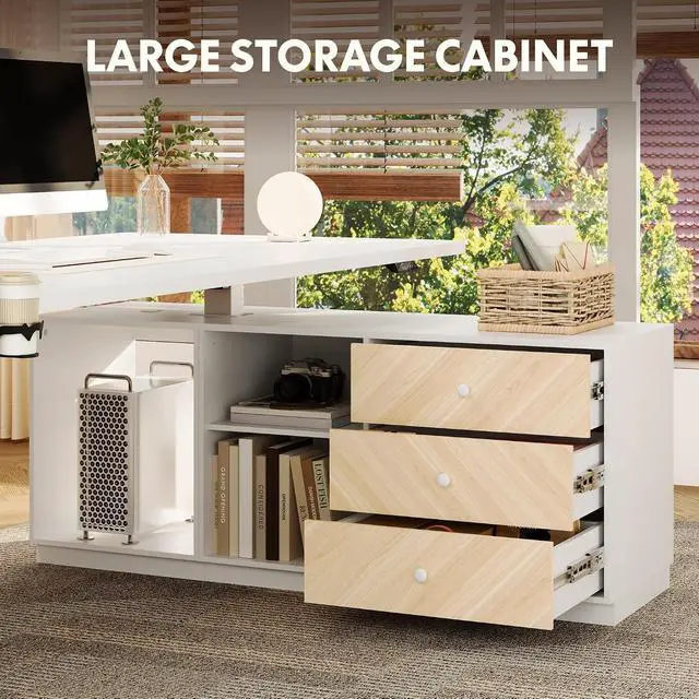 Alt view image 3 of 7 - L Shaped Standing Desk with Drawers, Large Electric Height Adjustable Executive Desk, Sit Stand Desk for Home Office and Workstation, PC Cabinet (79"x32" White)
