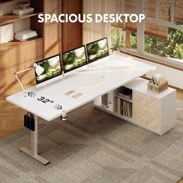 Alt view image 4 of 7 - L Shaped Standing Desk with Drawers, Large Electric Height Adjustable Executive Desk, Sit Stand Desk for Home Office and Workstation, PC Cabinet (79"x32" White)
