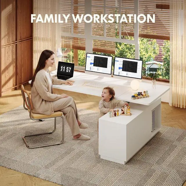 Alt view image 5 of 7 - L Shaped Standing Desk with Drawers, Large Electric Height Adjustable Executive Desk, Sit Stand Desk for Home Office and Workstation, PC Cabinet (79"x32" White)