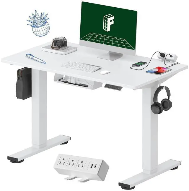 Main image of EN2 Whole-Piece Standing Desk with Clamp Power Strip, 40 x 24 Electric Stand Up Height Adjustable Desk with Cable Management (White Frame + 40" White Top)