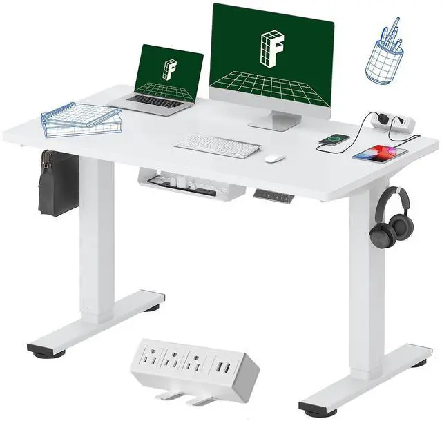 Main image of EN2 Whole-Piece Standing Desk with Clamp Power Strip, 48x24 Electric Stand Up Height Adjustable Desk with Cable Management (White Frame + 48" White Top)