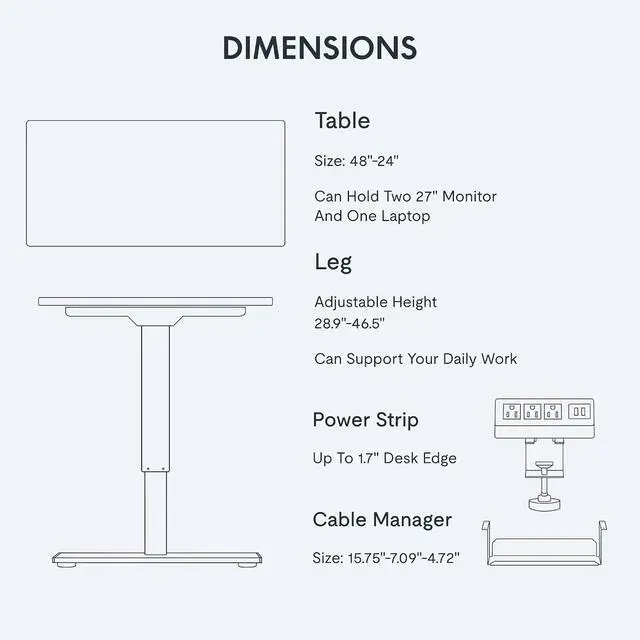 Alt view image 6 of 7 - EN2 Whole-Piece Standing Desk with Clamp Power Strip, 48x24 Electric Stand Up Height Adjustable Desk with Cable Management (White Frame + 48" White Top)