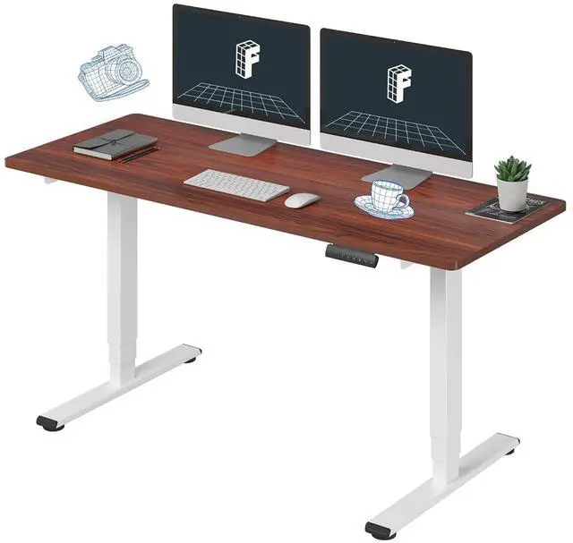Main image of E6 3-Stage Dual Motor 60 x 24 Electric Standing Desk Sit Stand Up Desk, Holds 220 lbs, Adjustable Height w/Memory Presets, One-Piece Mahogany Desktop & White Frame, Ships in 2 Boxes