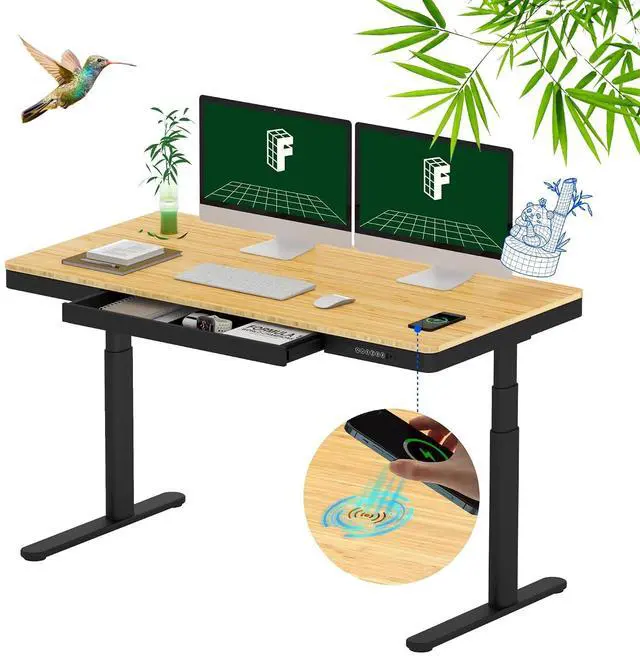 Main image of Q8 55" Bamboo Standing Desk, Dual Motor 3 Stages Adjustable Height Electric Computer Workstation w/Wireless Charging, Drawer, Quick Install, 220lbs Capacity (Bamboo Tabletop + Black Frame)