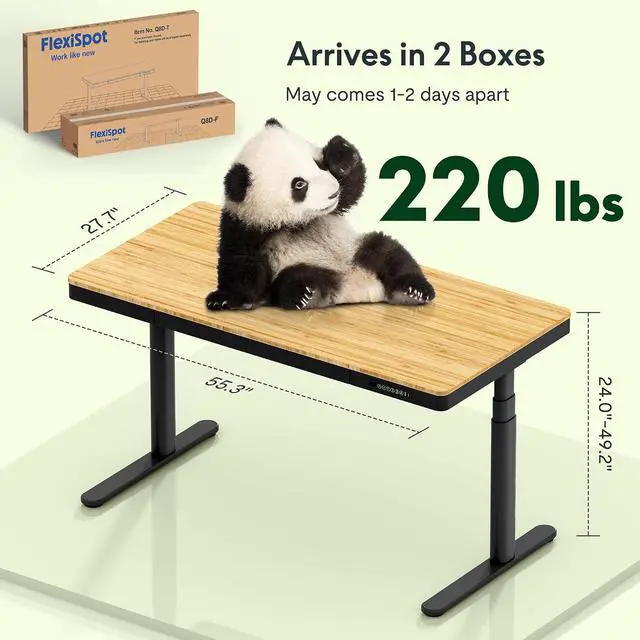 Alt view image 2 of 7 - Q8 55" Bamboo Standing Desk, Dual Motor 3 Stages Adjustable Height Electric Computer Workstation w/Wireless Charging, Drawer, Quick Install, 220lbs Capacity (Bamboo Tabletop + Black Frame)
