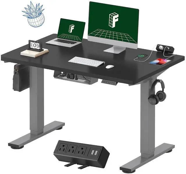 Main image of EN2 Whole-Piece Standing Desk with Clamp Power Strip, 48 x 30 Electric Stand Up Height Adjustable Desk with Cable Management (Gray Frame + 48" Black Top, 2 Packages)