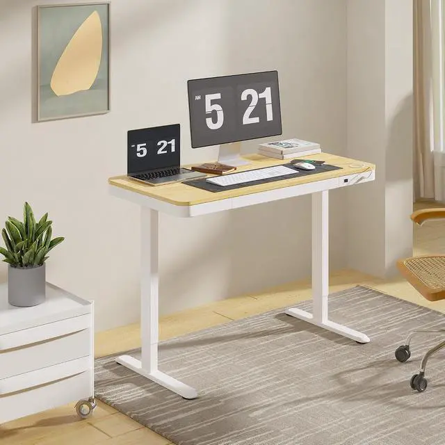 Alt view image 2 of 7 - Comhar Electric Standing Desk with Drawers Charging USB Port, Height Adjustable 48" Whole-Piece Quick Install Home Office Computer Laptop Table with Storage (Maple Top + White Frame)