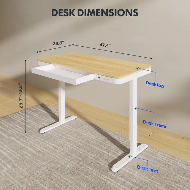 Alt view image 3 of 7 - Comhar Electric Standing Desk with Drawers Charging USB Port, Height Adjustable 48" Whole-Piece Quick Install Home Office Computer Laptop Table with Storage (Maple Top + White Frame)