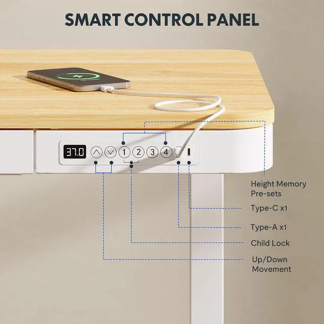 Alt view image 7 of 7 - Comhar Electric Standing Desk with Drawers Charging USB Port, Height Adjustable 48" Whole-Piece Quick Install Home Office Computer Laptop Table with Storage (Maple Top + White Frame)