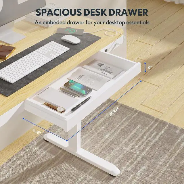 Alt view image 6 of 7 - Comhar Electric Standing Desk with Drawers Charging USB Port, Height Adjustable 48" Whole-Piece Quick Install Home Office Computer Laptop Table with Storage (Maple Top + White Frame)