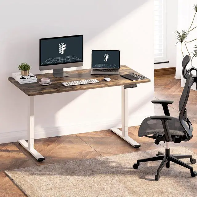 Alt view image 2 of 6 - E6 3-Stage Dual Motor Electric Standing Desk 48 x 30 Sit Stand Up Desk, Holds 220 lbs, Adjustable Height w/Memory Presets, One-Piece Special Walnut Desktop & White Frame, Ships in 2 Boxes