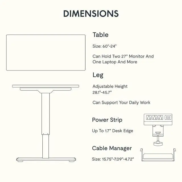 Alt view image 7 of 7 - EN2 Whole-Piece Standing Desk with Clamp Power Strip, 60 x 24 Electric Stand Up Height Adjustable Desk with Cable Management (Black Frame + 60" Black Top, 2 Packages)