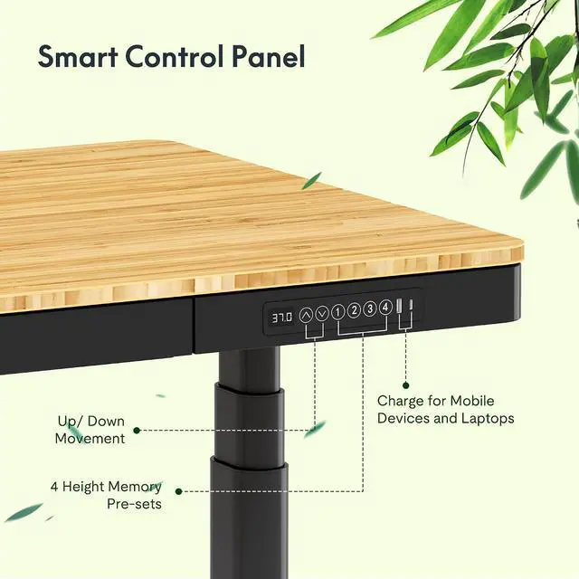 Alt view image 6 of 7 - Q8 55" Bamboo Standing Desk, Dual Motor 3 Stages Adjustable Height Electric Computer Workstation w/Wireless Charging, Drawer, Quick Install, 220lbs Capacity (Bamboo Tabletop + Black Frame)