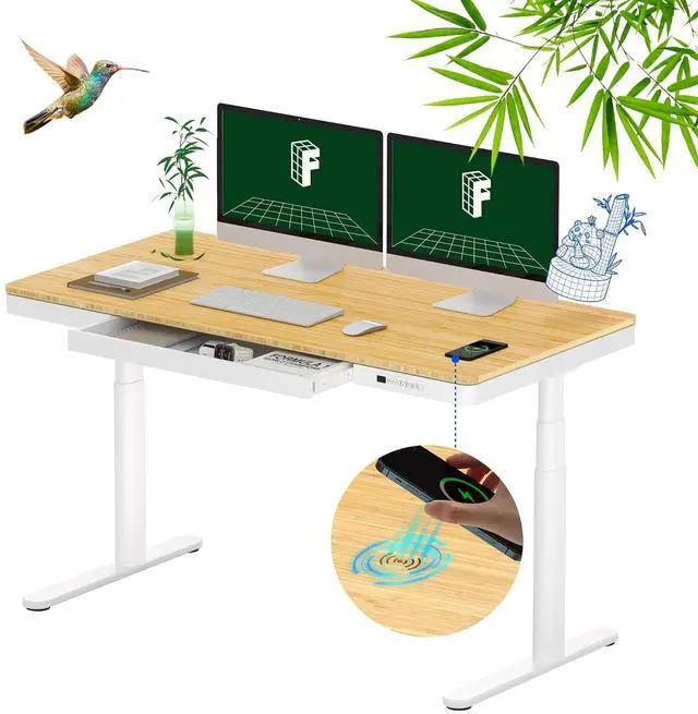 Main image of Q8 55" Bamboo Standing Desk, Dual Motor 3 Stages Adjustable Height Electric Computer Workstation w/Wireless Charging, Drawer, Quick Install, 220lbs Capacity (Bamboo Tabletop + White Frame)