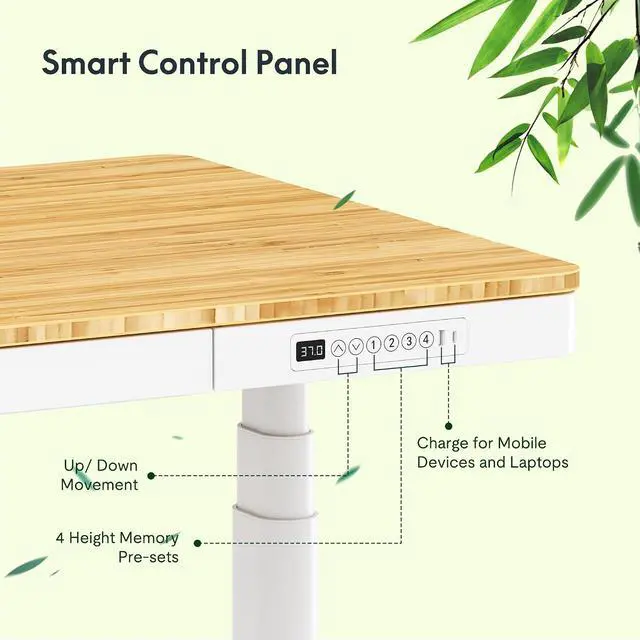 Alt view image 6 of 7 - Q8 55" Bamboo Standing Desk, Dual Motor 3 Stages Adjustable Height Electric Computer Workstation w/Wireless Charging, Drawer, Quick Install, 220lbs Capacity (Bamboo Tabletop + White Frame)
