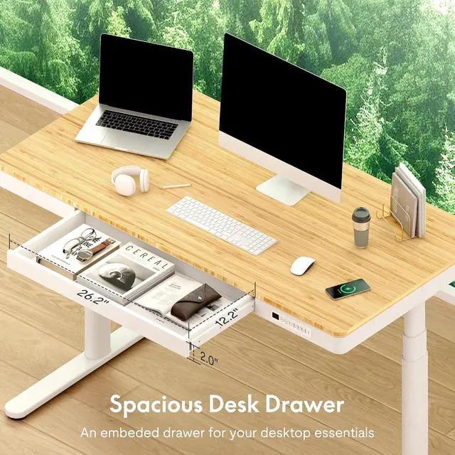 Alt view image 7 of 7 - Q8 55" Bamboo Standing Desk, Dual Motor 3 Stages Adjustable Height Electric Computer Workstation w/Wireless Charging, Drawer, Quick Install, 220lbs Capacity (Bamboo Tabletop + White Frame)