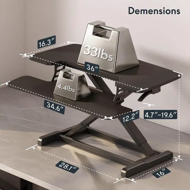 Alt view image 3 of 7 - Standing Desk Converter 36" Desk Riser, Height Adjustable Desktop Riser Sit Stand Computer Workstation, Spacious Stand Up Desk Converter for Laptop Keyboard and Monitor Setup, Black
