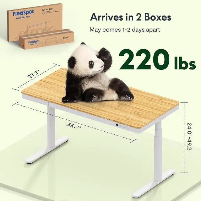 Alt view image 2 of 7 - Q8 55" Bamboo Standing Desk, Dual Motor 3 Stages Adjustable Height Electric Computer Workstation w/Wireless Charging, Drawer, Quick Install, 220lbs Capacity (Bamboo Tabletop + White Frame)