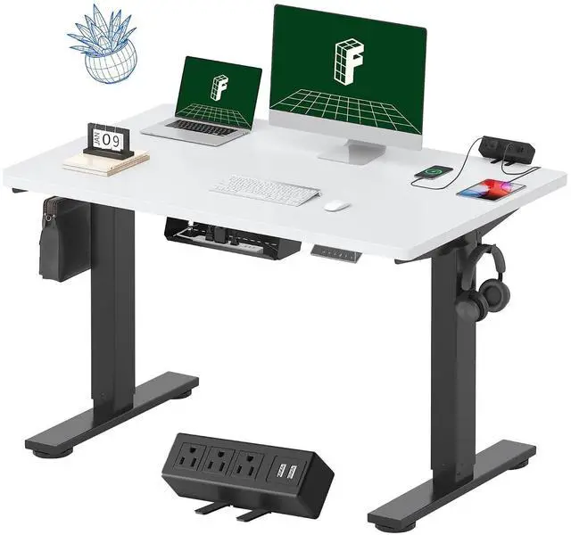 Main image of EN2 Whole-Piece Standing Desk with Clamp Power Strip, 48 x 30 Electric Stand Up Height Adjustable Desk with Cable Management (Black Frame + 48" White Top, 2 Packages)