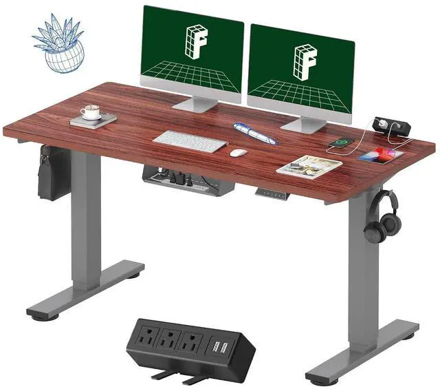 Main image of EN2 Whole-Piece Standing Desk with Clamp Power Strip, 55 x 28 Electric Stand Up Height Adjustable Desk with Cable Management (Gray Frame + 55" Mahogany Top, 2 Packages)