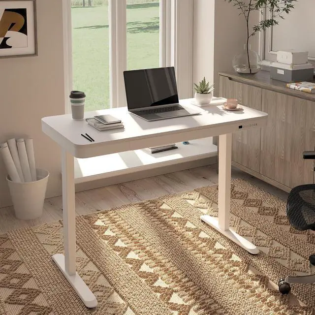 Alt view image 2 of 7 - Comhar Electric Standing Desk with Drawers Charging USB A to C Port, Height Adjustable 48" Whole-Piece Home Office Computer Laptop Table with Storage (White Top + Frame)