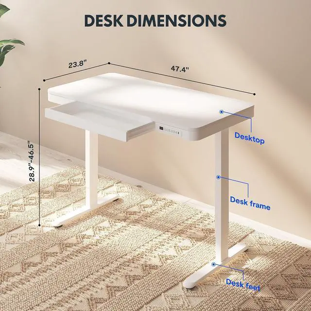 Alt view image 3 of 7 - Comhar Electric Standing Desk with Drawers Charging USB A to C Port, Height Adjustable 48" Whole-Piece Home Office Computer Laptop Table with Storage (White Top + Frame)