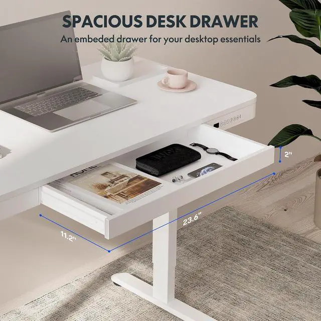 Alt view image 7 of 7 - Comhar Electric Standing Desk with Drawers Charging USB A to C Port, Height Adjustable 48" Whole-Piece Home Office Computer Laptop Table with Storage (White Top + Frame)