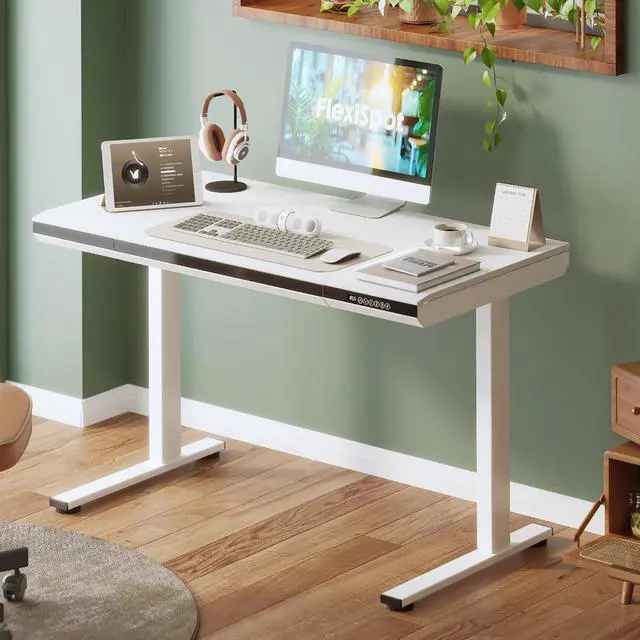Alt view image 2 of 7 - One-Piece 48" Standing Desk with Acrylic-Front Drawer, Fast-Assembly Ergonomic Sit-to-Stand Desk with MDF Top, 4 Height Memory Presets Touch-Control, Home Office Computer Workstation, White