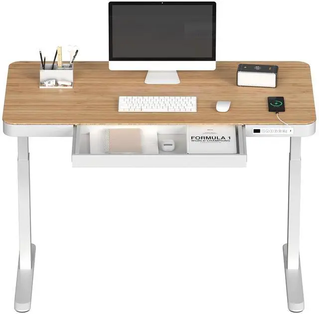 Main image of Electric Standing Desk with Drawer Storage Adjustable Height Quick Assembly Table w/USB Charge Ports, Child Lock Natural Desktop + White Frame