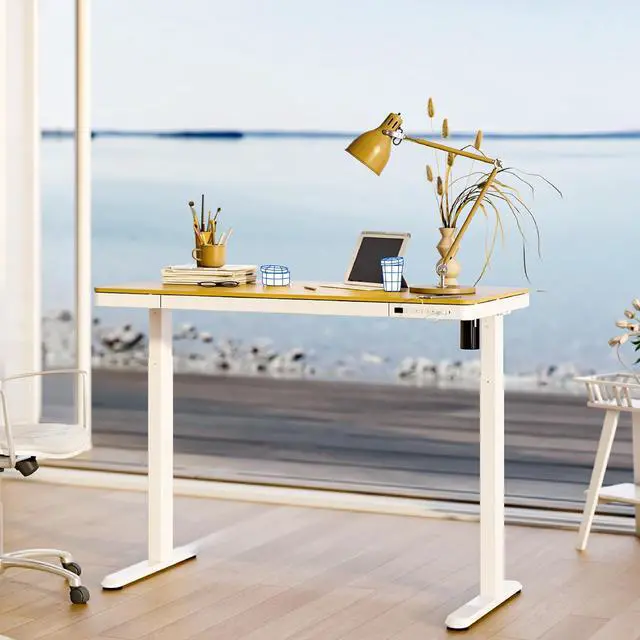 Alt view image 6 of 7 - Electric Standing Desk with Drawer Storage Adjustable Height Quick Assembly Table w/USB Charge Ports, Child Lock Natural Desktop + White Frame