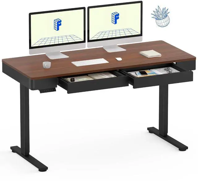 Main image of Standing Desk with Drawer, 55 x 24 Inch Whole Piece Electric Adjustable Height Stand Up Computer Workstation for Home, Office, Dark Walnut